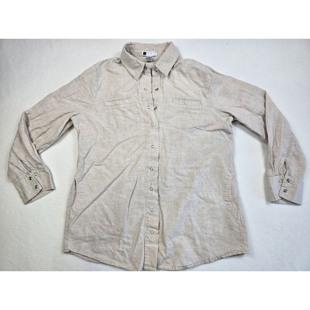 Carole Little Womens 100% Linen Shirt Beige Long Sleeve Button-Up Large 3/4 Slee